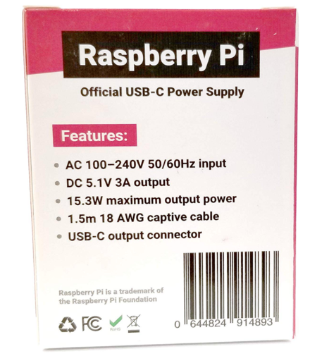 Official Raspberry Pi Black Power Supply 5.1V 3A with USB C - 1.5 meter long
